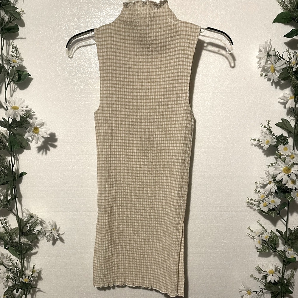 ARITZIA WILFRED Verona tan gingham sleeveless mock turtle neck tunic blouse XS